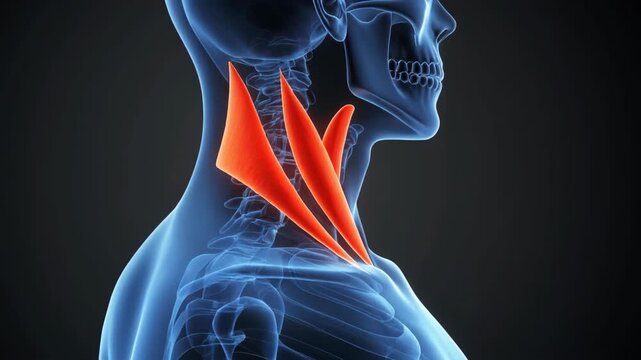 Medical illustration of Scalene muscles highlighted in red within a transparent human neck and skeletal system.