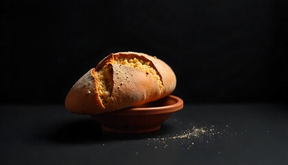 Bread and a clay chalice placed against a smooth black surface, used for visual design or layout backgrounds, created with generative ai