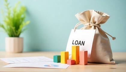 Loan bag and color wood bar graphs on a table, highlighting borrowing trends, risk analysis, created with generative ai