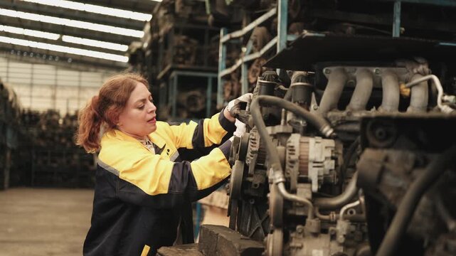 Professional Hispanic mature female mechanic fixing used machines and auto engine spare parts in warehouse stacks, checking distribution stock in manufacturing factory, and industrial worker career.
