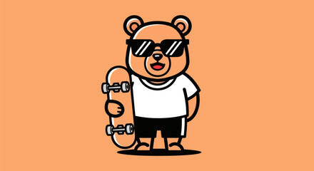 Obraz premium Cartoon bear with skateboard on orange background