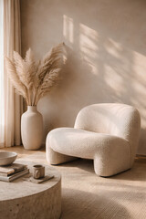Minimalist Living Room Interior with Boucle Chair and Pampas