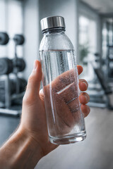 Macro View of Person Holding Glass Water Bottle in Gym