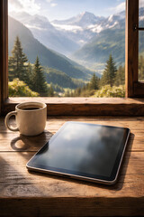 Remote Work Concept Tablet and Coffee with Mountain View
