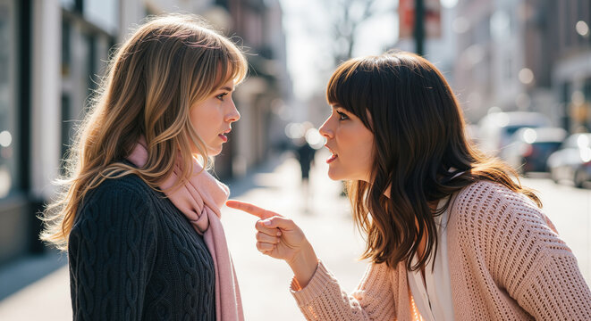 Two young women having a heated argument and confrontation on a sunny city street