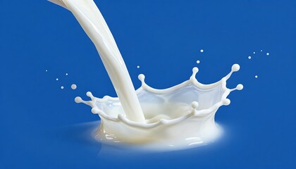 Flowing white dairy liquid with splatter effects on a blue background, designed for advertising low and skimmed-fat milk products, created with generative ai
