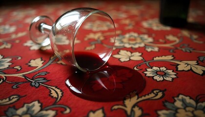 Glass of Red Wine Fallen on Carpet, Wine Spill on Carpet, Red Wine Stain, Liquid Spill on Fabric, Carpet Stained with Wine, created with generative ai