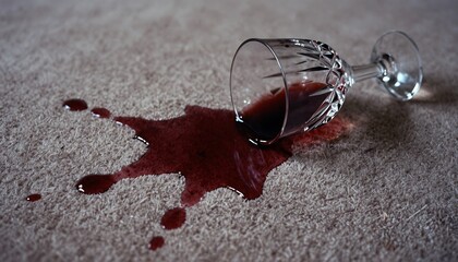 Glass of Red Wine Fallen on Carpet, Wine Spill on Carpet, Red Wine Stain, Liquid Spill on Fabric, Carpet Stained with Wine, created with generative ai