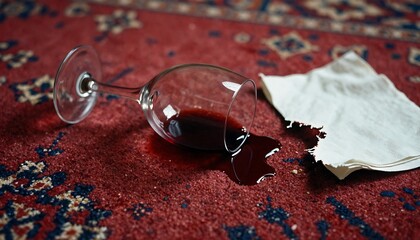 Glass of Red Wine Fallen on Carpet, Wine Spill on Carpet, Red Wine Stain, Liquid Spill on Fabric, Carpet Stained with Wine, created with generative ai