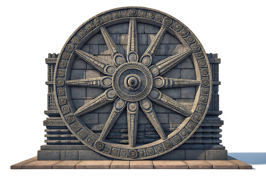 Sun Temple Konark wheel rendered as clean radial lines, dark stone gradient