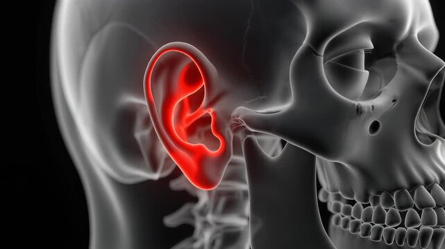 Medical illustration of human skull highlighting acute ear pain and inflammation in red.