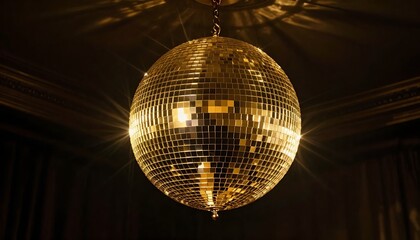 A large golden disco ball hanging in a dark room, surrounded by beams of light and sparkling lights, a festive and celebratory atmosphere, created with generative ai