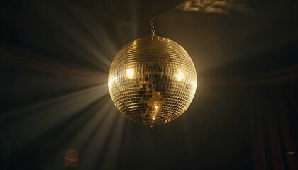 A large golden disco ball hanging in a dark room, surrounded by beams of light and sparkling lights, a festive and celebratory atmosphere, created with generative ai