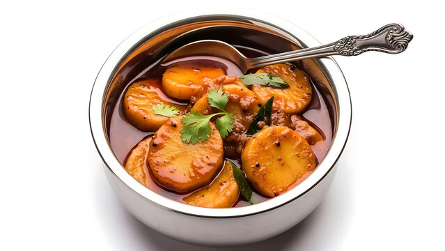 Sliced Arbi Taro Root Curry in Rich Tomato Based Gravy Garnished with Curry Leaves and Cilantro in a Metallic Serving Bowl.