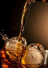Professional Pouring of Dark Amber Whiskey into Glass with Round Ice Spheres on Moody Background