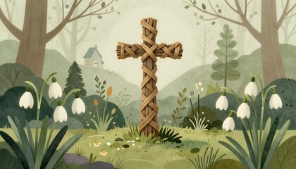 Imbolc pagan festival celebrating brigid cross and snowdrops, created with generative ai