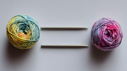 dos madejas de hilo colorido combinado de colores junto a dos agujas para tejer o coser dise&ntilde;o para costura artesania y estilo creativo