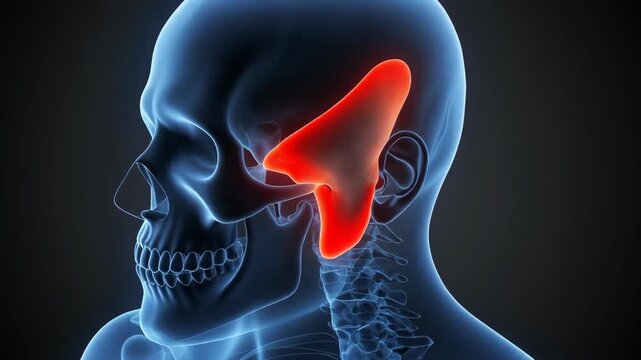 Medical 3D illustration of human skull highlighting the temporal bone in red for anatomical study.