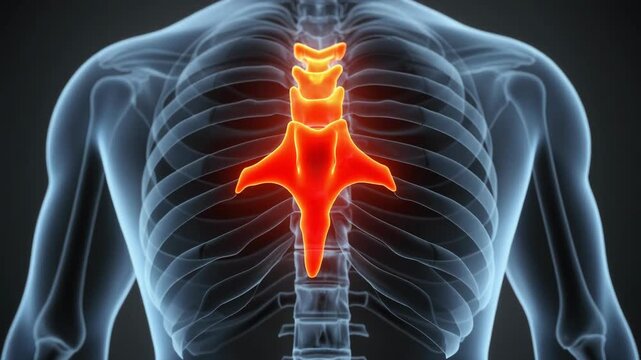 Medical visualization of human torso skeleton with thoracic spine vertebrae glowing red to symbolize back pain.
