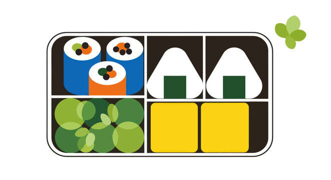 Cartoon bento box with sushi and rice balls