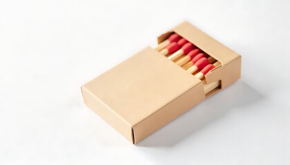Open matchbox set with wooden matches and red tips isolated on white background, realistic safety object vector illustration, created with generative ai