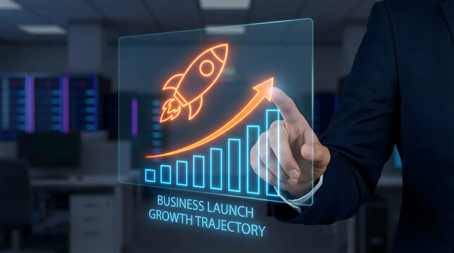 Business professional interacting with glowing digital screen displaying rocket launch and growth trajectory in a modern office - Powered by Adobe