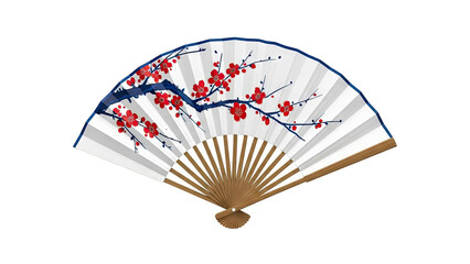 Traditional Japanese fan with red plum blossoms on white background