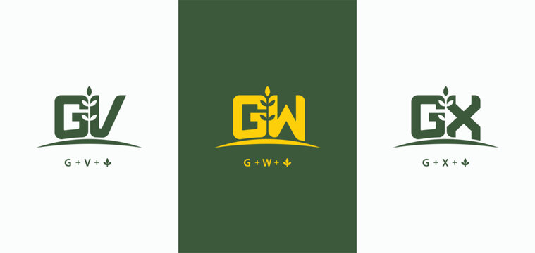 Set of initials letter GV, GW, and GX with grow plant logo design. GV leaf symbol. GW monogram nature logo. GX agriculture farm business logotype