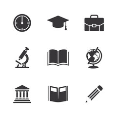 Education icons set representing learning knowledge work and research.