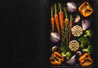 Fresh Organic Vegetables on Baking Tray Ready for Roasting with Carrots Broccoli Onions and Garlic