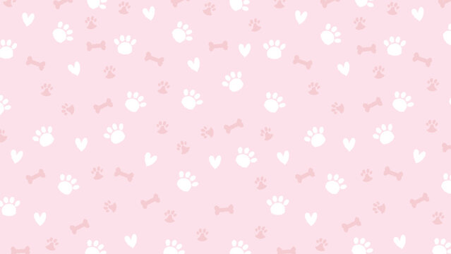 Cute white paw prints and bones seamless pattern on pink background. Hand drawn scribble pet lover vector illustration