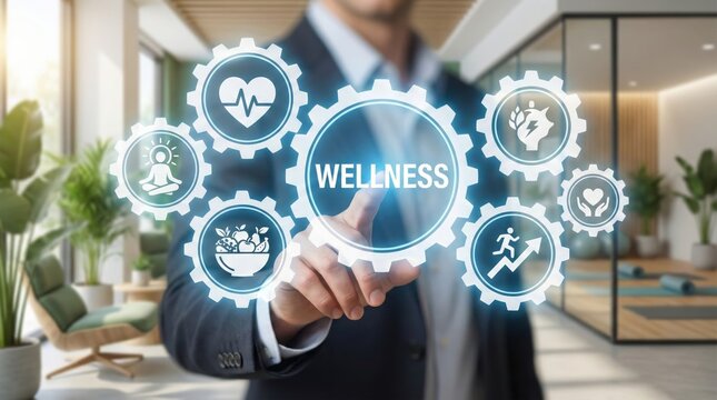 Corporate wellness concept in modern office,healthy lifestyle program icons,employee wellbeing interface,HR healthcare strategy,workplace mental and physical health support