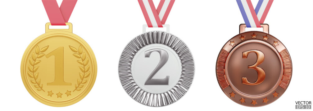 Set of 1st, 2nd, and 3rd place medals isoled on white background. Gold, silver, and bronze medals. 3D vector illustration.