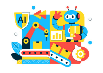 Naklejka premium AI Robotics In Industry Vector Illustration Featuring Smart Automation, Industrial Robots, Advanced Manufacturing Technology Background