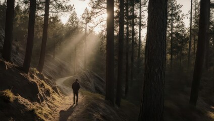 A solitary figure walks a sunlit forest path