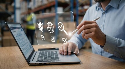 Businessman using stylus and laptop to check digital icons for logistics,quality control,security assurance,supply chain and inventory data analysis