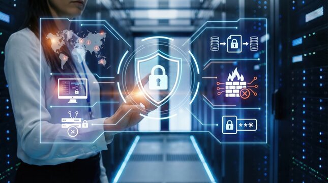 Cybersecurity concept with digital lock icon,holographic data protection interface,firewall and secure server system in data center environment