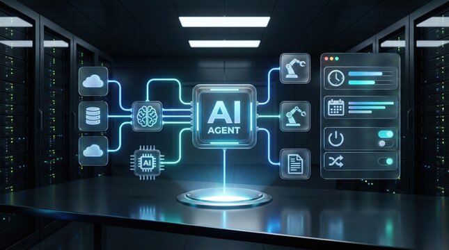 Artificial intelligence agent system managing automation tasks in futuristic server room,concept of AI-powered process control and smart data infrastructure
