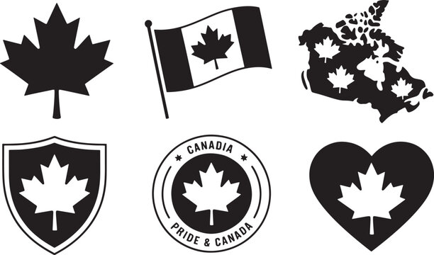 Canadian maple leaf and flag national symbols set for pride and patriotism designs