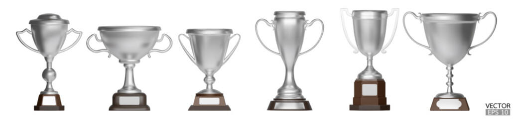 Obraz premium Set of 3d trophy cups silver isoleted on white background. Silver award cups, Winner silver cups. 3D vector illustration.