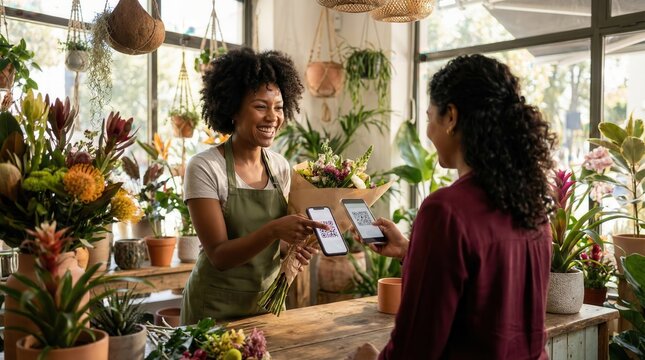 Smiling florist accepting digital QR code payment,contactless transaction in flower shop filled with greenery,representing small business and mobile commerce