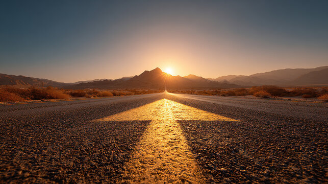 Road to New Horizon: The image features a road with a painted arrow, guiding the way towards a scenic mountain vista under the warm embrace of a sunrise.