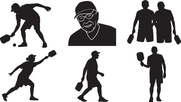 Diverse pickleball players in action showing different poses for sport concept