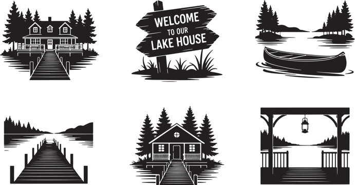 Set of black lake house and lake elements, a welcome sign, boat and canoe vector illustration