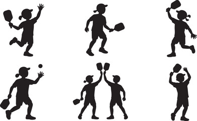 Silhouettes of pickleball players in action, group of kids playing pickleball game