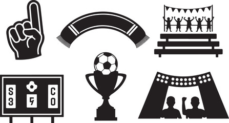 Fototapeta premium Soccer icons including a foam finger, a scarf, bleachers, a scoreboard, a trophy, and fans