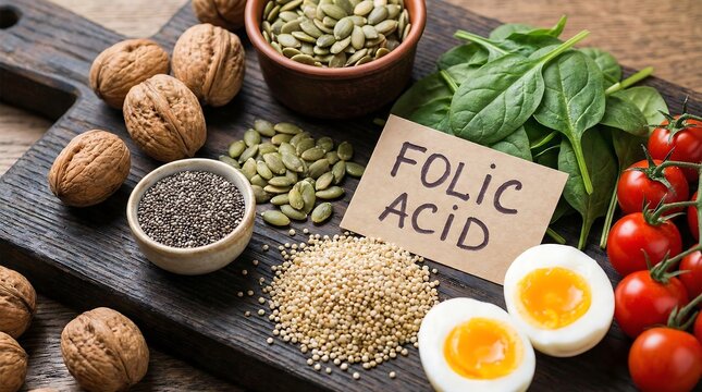 Folic Acid Rich Foods on Dark Wooden Board with Walnuts, Spinach, and Eggs