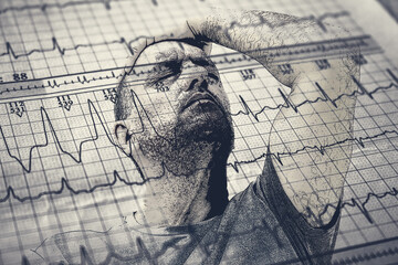 Worried adult male face over damaged electrocardiogram showing cardiac distress