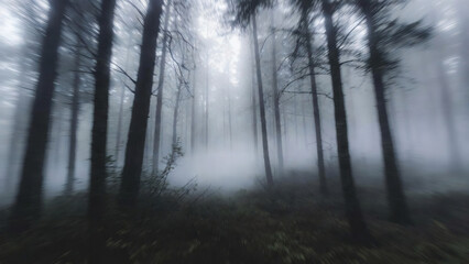 Obraz premium Mystical Forest in Fog: A serene yet enigmatic forest scene enveloped in a dense layer of fog, with towering trees that add a touch of tranquility to the misty environment. 