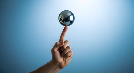 Chrome sphere balanced on human fingertip symbolizing perfect stability and precision focus
